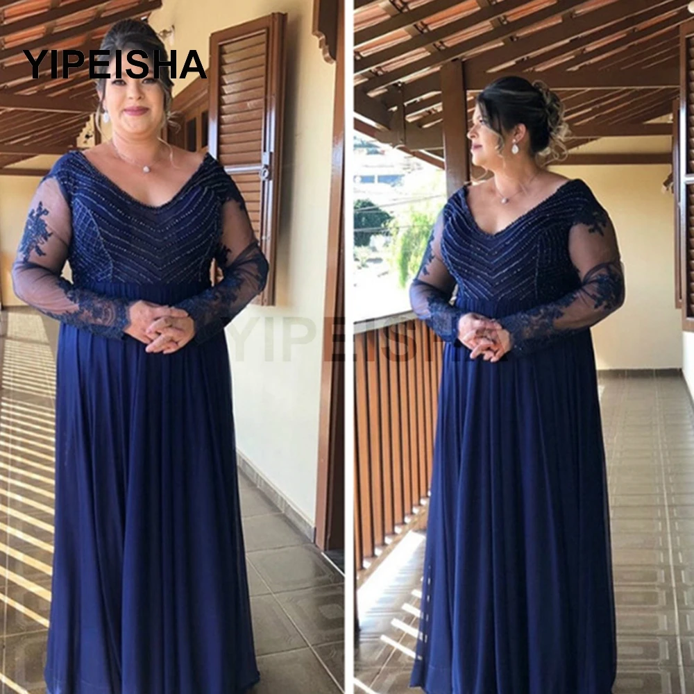 Customized Navy Blue V-Neck Long Sleeve Mother Of The Bride Dresses Sequined Lace Appliques Formal Party Wedding Guest Dress Plu