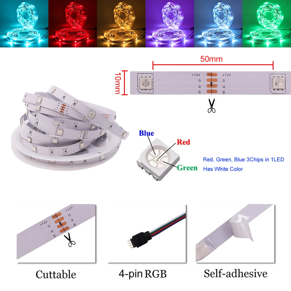 Imagem -02 - Fita de Led Flexível Wi-fi Rgb 5050 5m 10m 15m 30m Fita Diodo dc 12v Controle Wi-fi ue Eua ru au