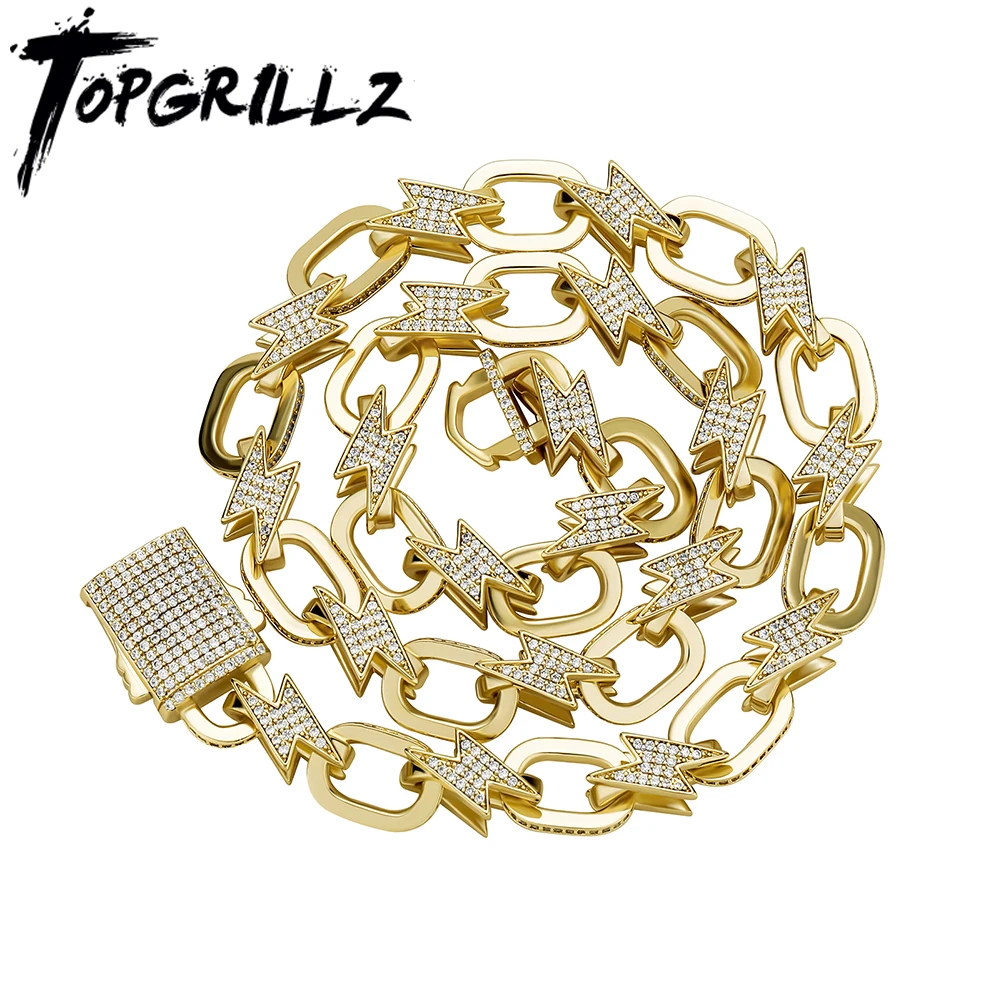 

TOPGRILLZ New12mm Lightning Cuban Link Necklace With Spring Clasp Iced Out Micro Pave Cubic Zirconia Hip Hop Jewelry For Men