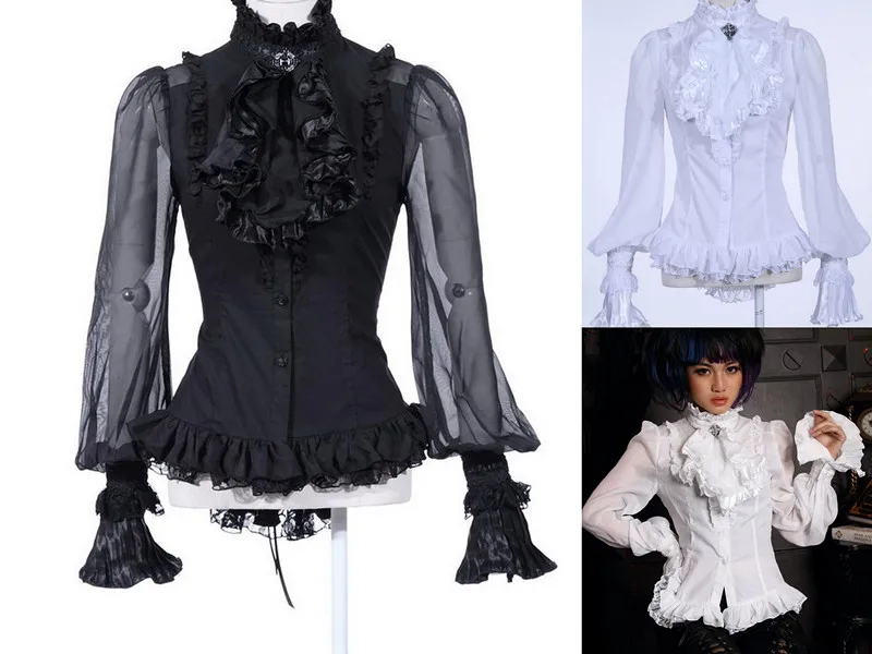 RQ-BL Steampunk Gothic Blouse Perspective Black Shirt Lolita White Top 21094 rqbl