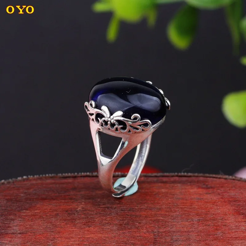 s925 sterling silver retro pomegranate red blue corundum green agate topaz chalcedony female fashion classic open ring