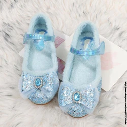 Kids Casual Shoes For Girls Winter Cotton Shoes For Toddlers Girl & Children Flat Loafers With Thick Fur Hairy Frozen Elsa 23-34