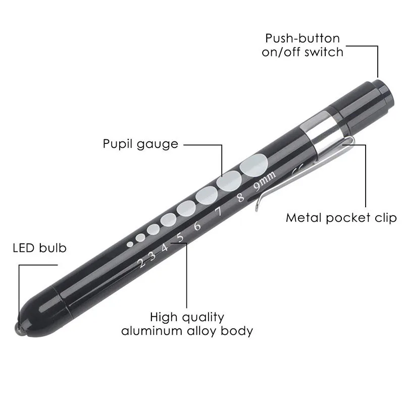 1PCS Reusable LED Medical Penlight Flashlight With Pupil Gauge Pocket Clip Pen Light Torch Lamp For Nurses Doctors Reading