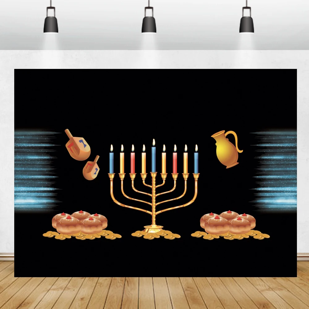 Judaism Happy Hanukkah Backdrop Photography Jewish New Year Candlestick Bread Family Party Decor Background Photo Studio Props