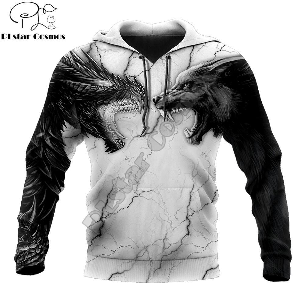 Tatuaje dragón y lobo 3D impreso moda hombres otoño sudaderas con capucha sudadera Unisex ropa de calle Casual chaqueta con cremallera pulóver KJ499