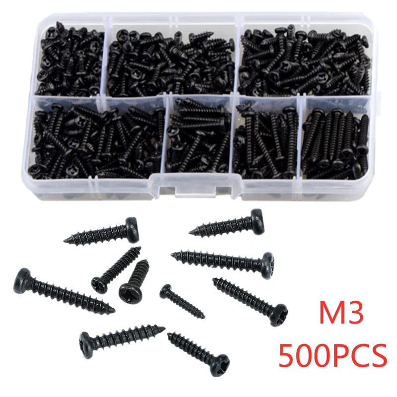 

500pcs M3 Carbon Steel Black PA cross Round Pan Head Tapping Screws Set Carbon Steel laptop computer screw Phillips Screw kit