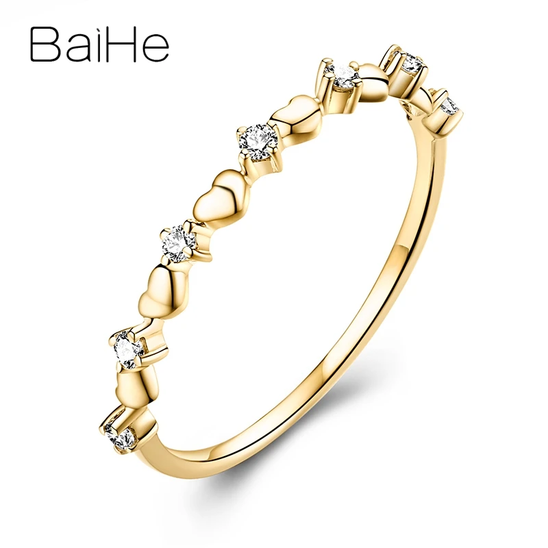 BAIHE Solid 18K Yellow Gold 0.10ct H/SI Natural Diamond Heart Ring Women Men Wedding Trendy Fine Jewelry Making Big Circle Code