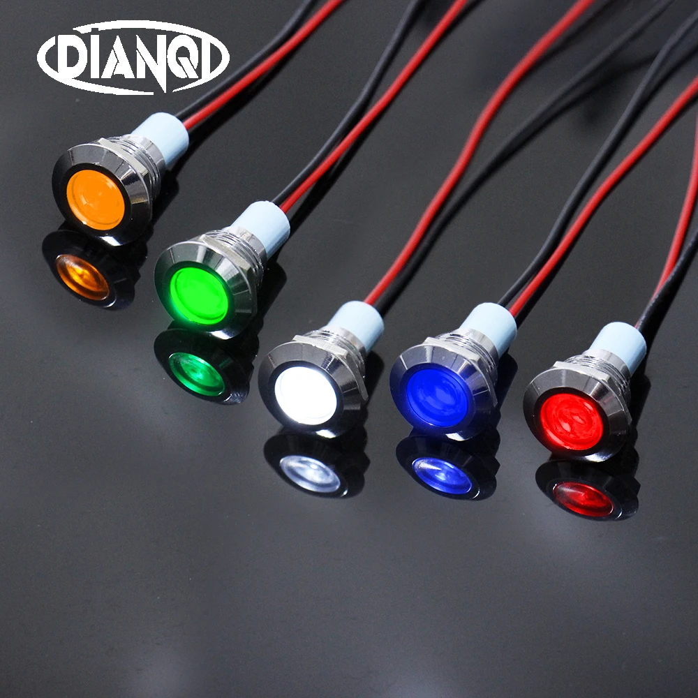 12mm Waterproof Metal Flat Round Indicat Signal lamp LIGHT 3V 6V 12V 24V 220V  with wire red yellow blue green 12ZSD.X