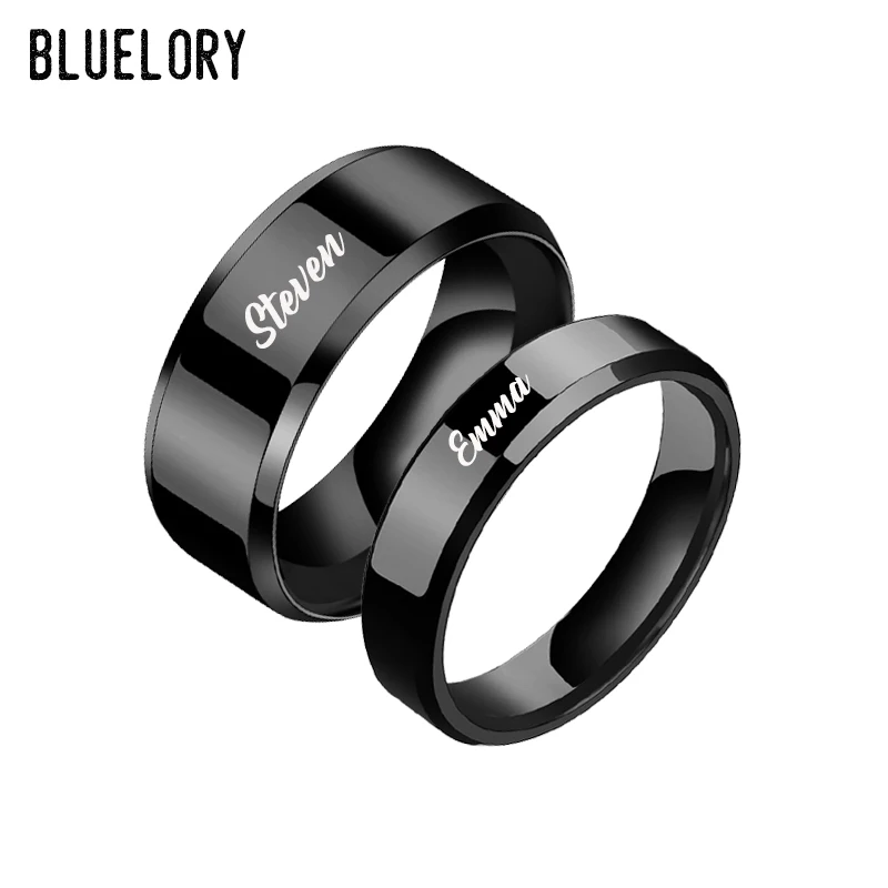 Bluelory Custom Engraved Names Wedding Rings For Lovers 8/6/4/2MM Stainless Steel Smooth Personalized Women Men Jewelry Gifts