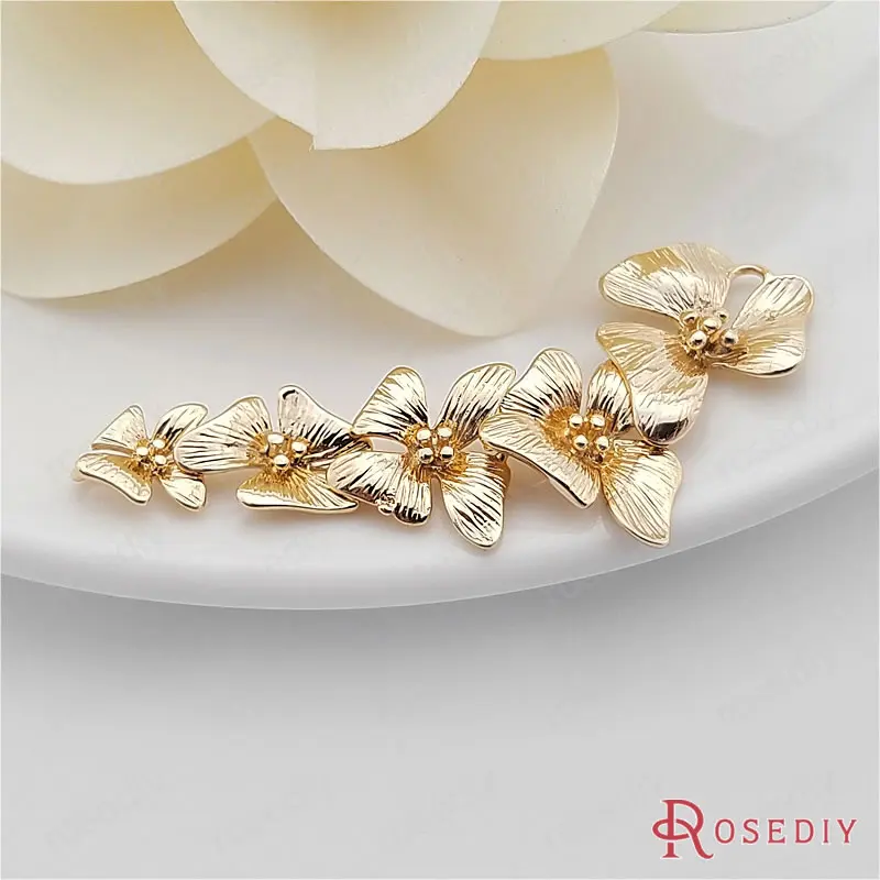 (D397)4 pieces Full length 56mm High Quality Champagne Gold Color Plated Brass 5 Connect Flower Charms Pendants Diy