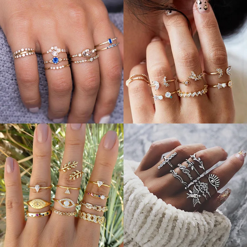 2021 Boho Crystal Butterfly Eye Knuckle Finger Ring Set For Women Trendy Elephant Crown Geometric Rings Female Jewelry Gift