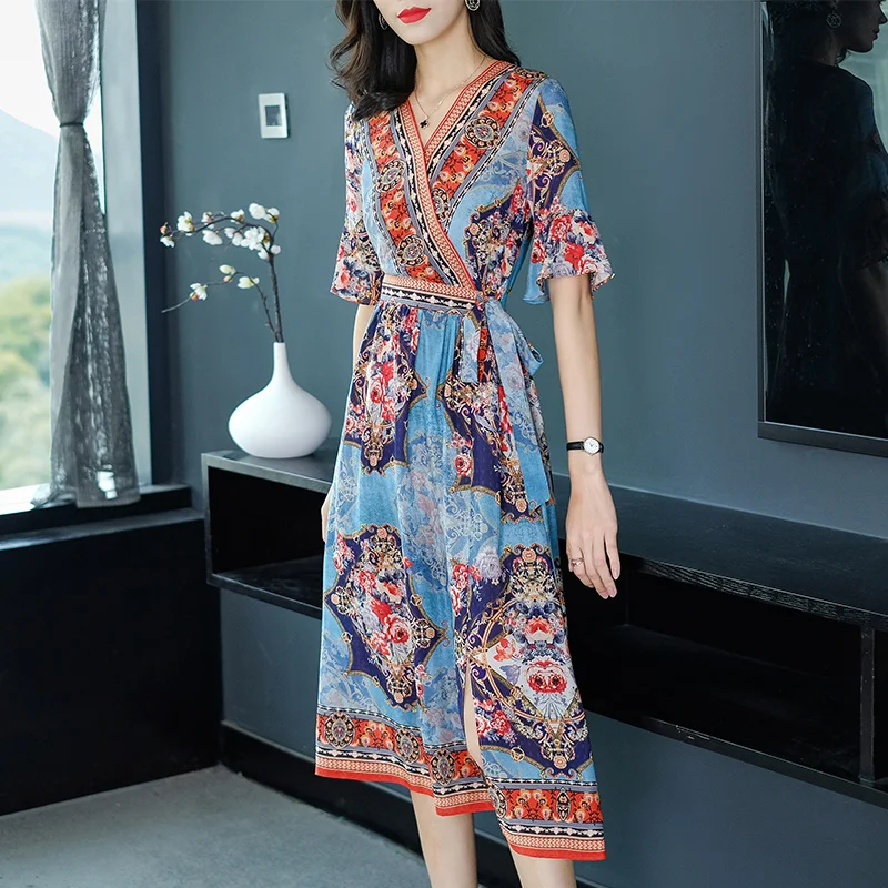 2023 Retro Boollili Summer 100% Silk Boho Dress for Women Floral Vintage Dress Elegant Beach Long Dresses Korean Vestido Mujer