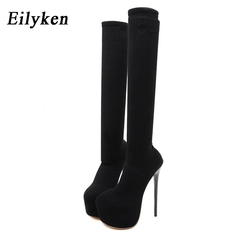 Eilyken 17CM Platform Heels Woman Over Knee Winter Boot Womens Black Knitting Round Toe Thigh High Long Socks Lady Shoes