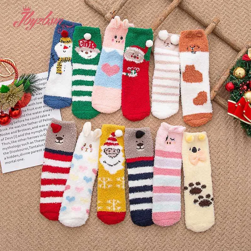 Cute Animal Design Deer Christmas Socks Gift 3D Fluffy Coral Velvet Thick Fleece-lined Warm Winter Sock For Women New Year Gift