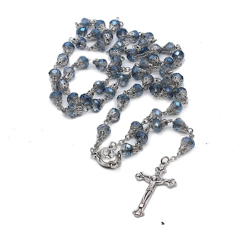 Glass Crystal Religious Rosary Round Beads Cross Virgin Mary Fashion Rosary Cross Necklace Catholic Religious Necklace Jewelry