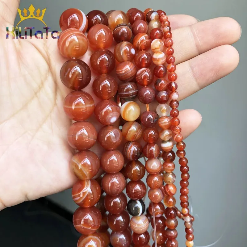 Dark Orange Red Striated Agates Beads Round Loose Beads For Jewelry Making DIY Bracelet Earrings Accessories 15'' 4/6/8/10/12mm