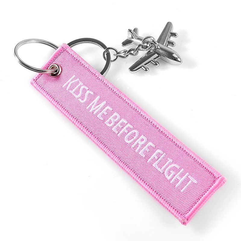 Pink Kiss Me Before Flight Key Chain Label Embroidery Keychain with Metal Plane Key Chain for Aviation Gifts Car Keychains