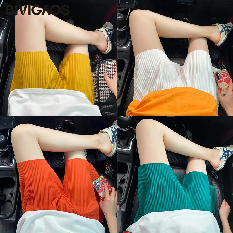 BIVIGAOS New Summer High Waist Shorts Women\'s Loose Wide Leg Shorts Sagging Casual Pleat Chiffon Shorts Lungewear Hotpants