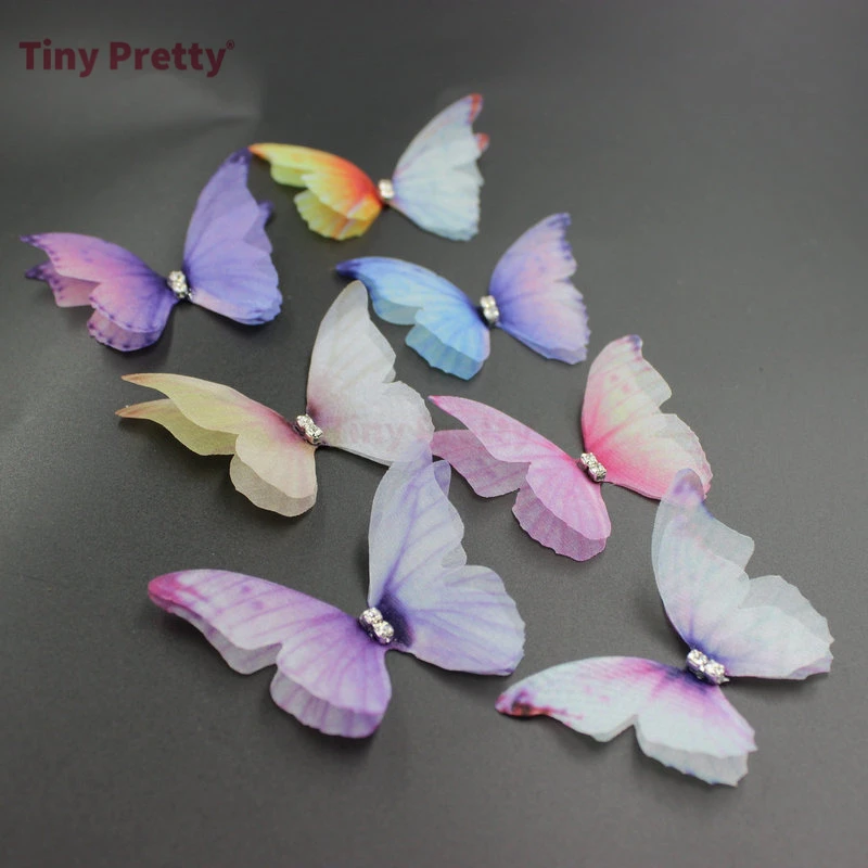 20PCS Bicolor Double Layer Organza Butterflies w/ Rhinestone Handmade Chiffon Colored Butterflies Accessory for DIY Hair Jewelry