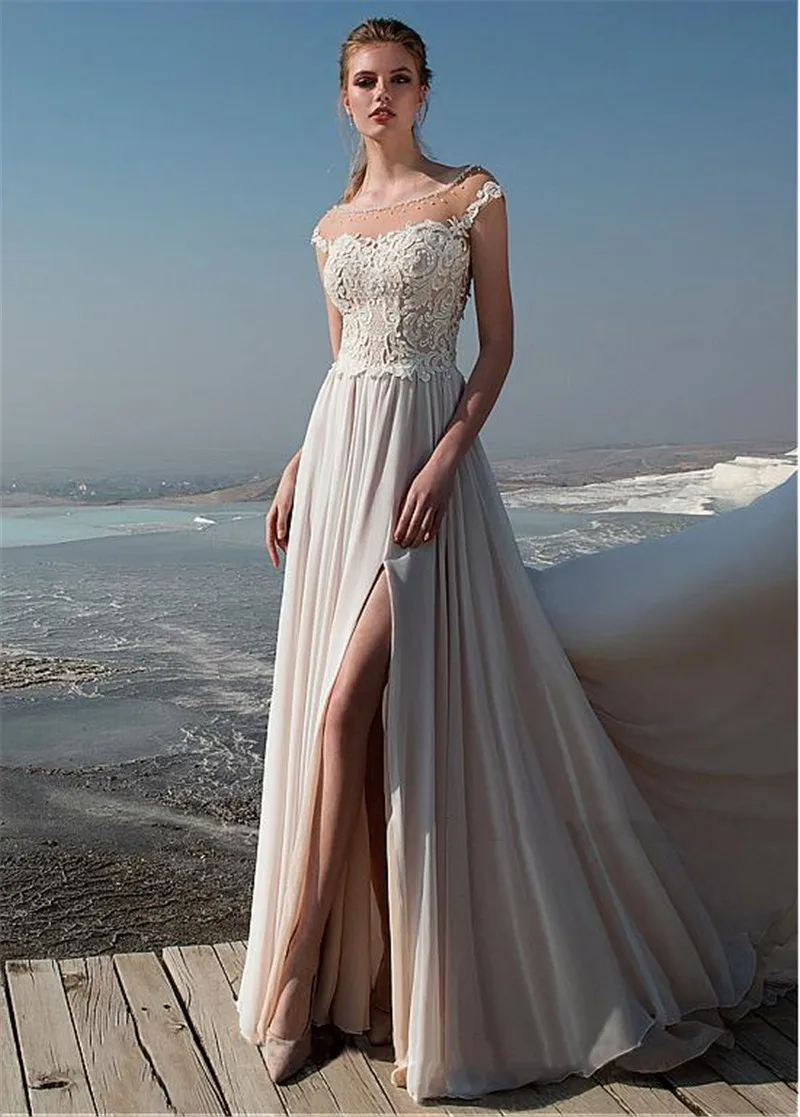 A-Line Split Side Wedding Dresses Chiffon Sexy Vintage Beach Bridal Gowns Beaded Top Vestidos De Novia Sweep Train Customized