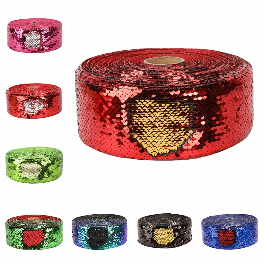 

HSDRIBBON 3inch 75mm Sequin Fabric Reversible Glitter Sequin Ribbon 25Yards/Roll