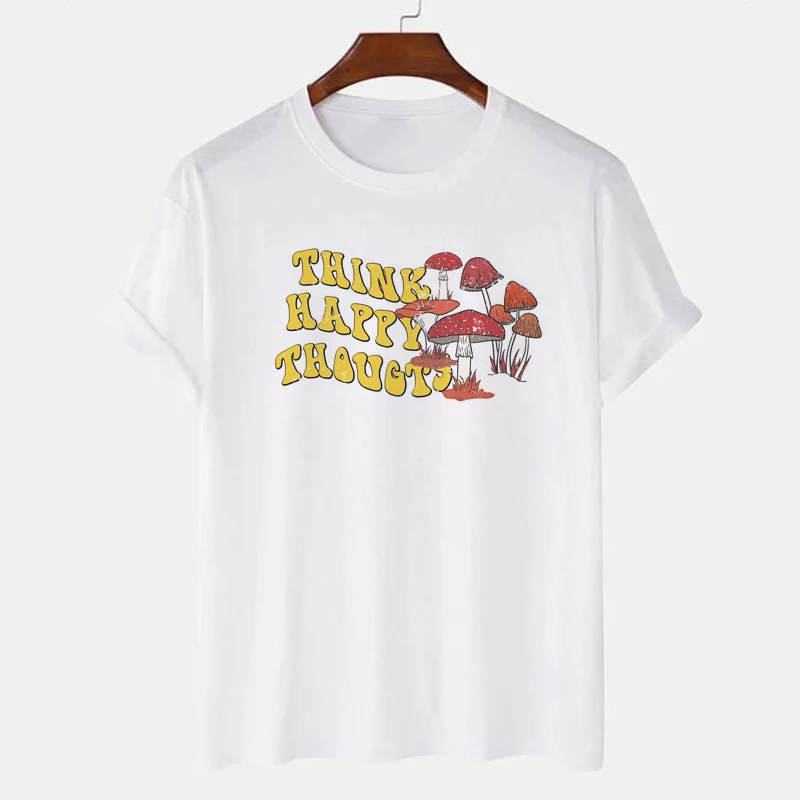 Think Happy Thoughts Mushroom Print Women's Vintage T-Shirt 70s Retro Cute Botanical Tee Shirt Hippie Cottagecore Clothes