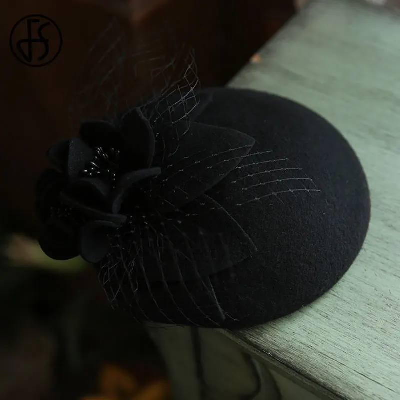 FS Women Fascinator Hat Cocktail White Wool Felt Wedding Party Church Headpiece Fashion Black Formal Flower Pillbox Hats