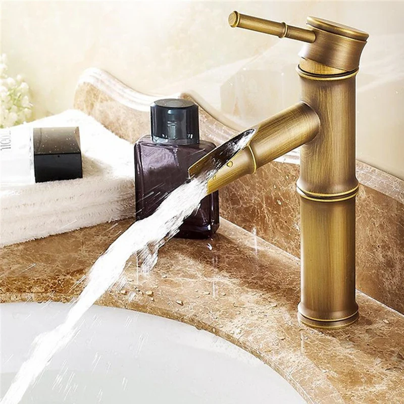 

European Retro Basin Faucet Bamboo Style Waterfall Faucets Hot Cold Water Mixer Bathroom Sink Brass Water Tap