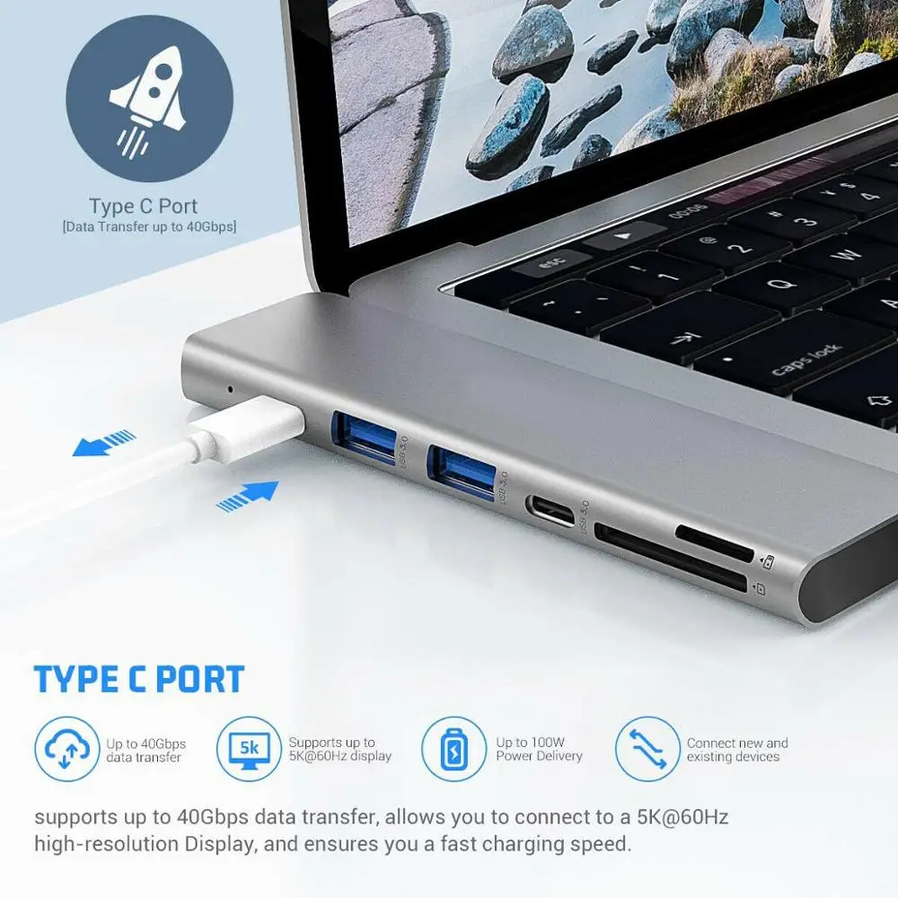 7in1 USB-C концентратор HDMI, два ядра, Тип-C адаптер для многопортового считывателя карт 4K для MacBook Air