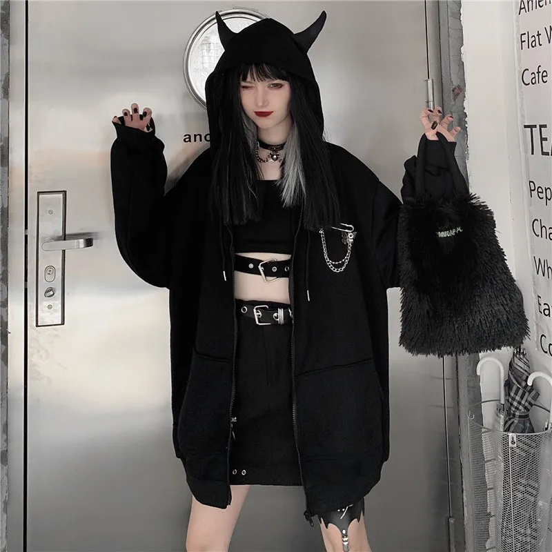 Yangelo Gothic Little Devil Cotton Hooded Jacket Women Winter New 2020 Warm Chain Coat Female Harajuku Black Oversized Tops