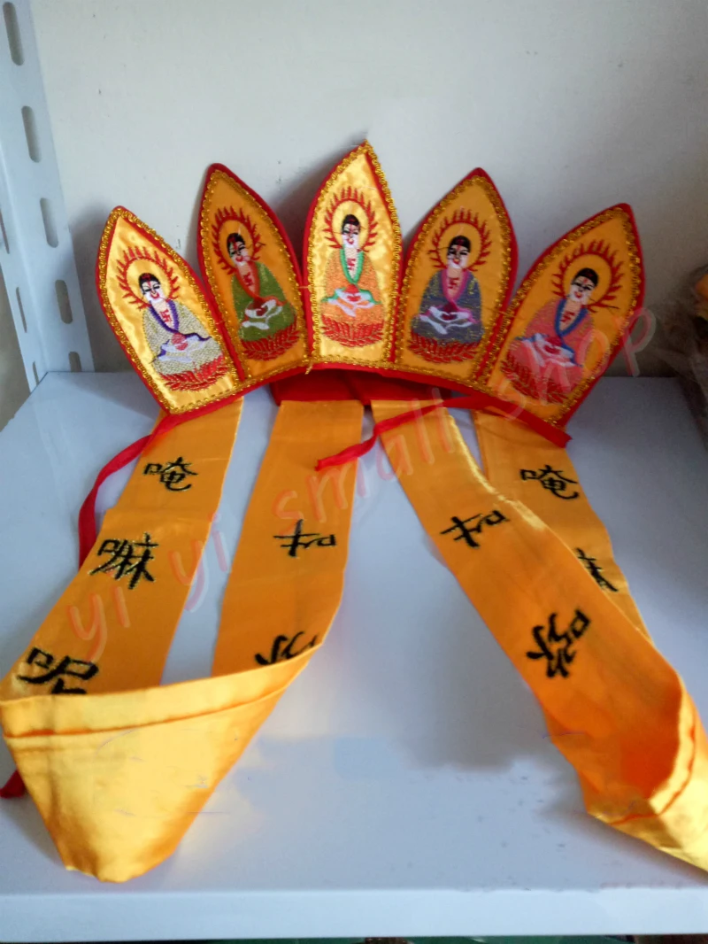 Five Buddha Crown, Fine Embroidery, Dharma Hat, Buddha Hat, High-Quality Ribbon, Buddhist Products