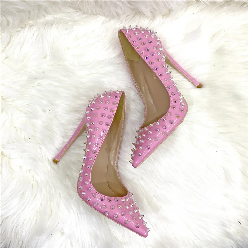 Ke Shang Jia Pink Bright Light Women Full Punk Rivets Pointed High Heels Sexy Ladies Spikes Stilettos Pumps Club Party Shoes
