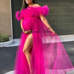 Hot Pink Off The Shoulder Tulle Long Robe For Pregnant Women Dresses Side Split Ruffles Bridal Shower Dress Vestido De Mujer