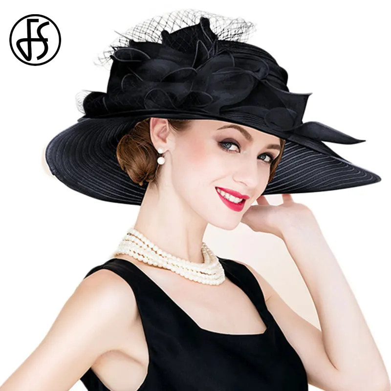 FS Black White Elegant Women Church Hats For Ladies Flowers Large Brim Organza Hat Beach Sun Kentucky Derby Hat Fedora