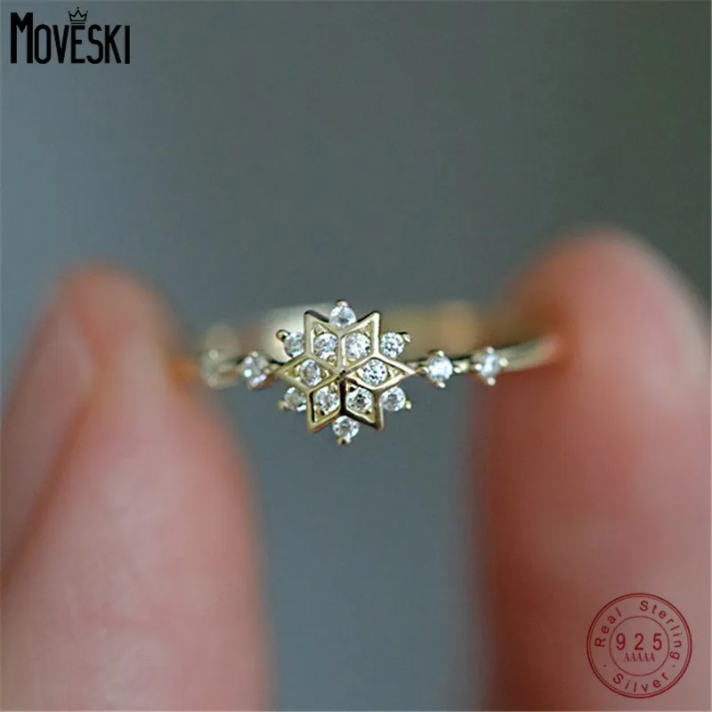 MOVESKI  Real 925 Sterling Zircon Exquisite Snowflake Finger Ring  For Women All-match Wedding Christmas Jewelry