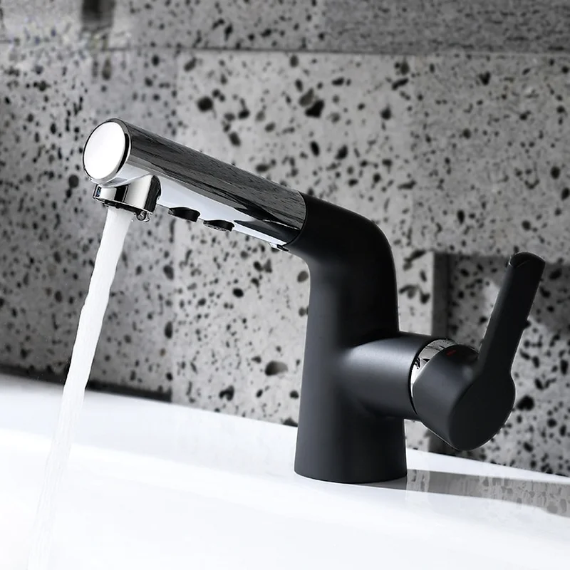 

Simple Black Basin Faucet Universal Rotary Pull Faucet with Spray Gun Washbasin Hot and Cold Mixing Faucet Bathroom Accessories