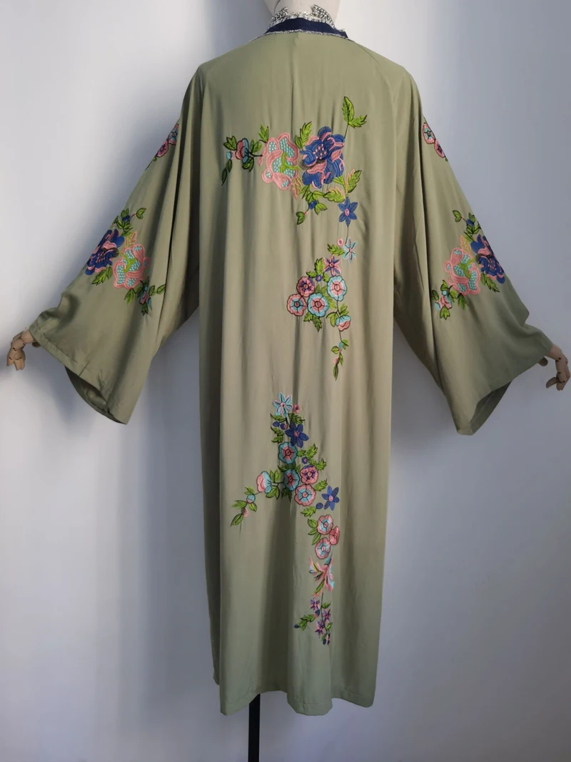 TEELYNN Long Boho Cardigan Light Green Floral Embroidery Beach Bikini Cover Up Kaftan Kimono Robe Summer Loose Women Blouses