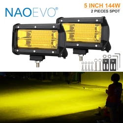 NAOEVO 5inch 144W OffRoad LED Work Light 12V 24V Yellow Led Light Bar for Car Jeep Truck Suv 4x4 Tractor Boat Atv Spot Fog Light