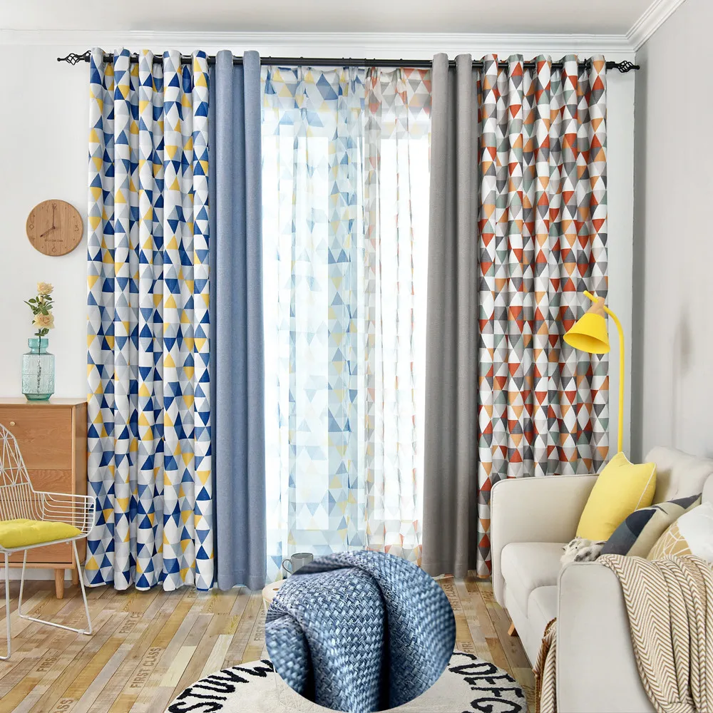 Geometric Blackout Curtains for Kids Bedroom Jinya Home Deocr Triangle and Solid Color Stitching Kitchen Window Curtain Panels