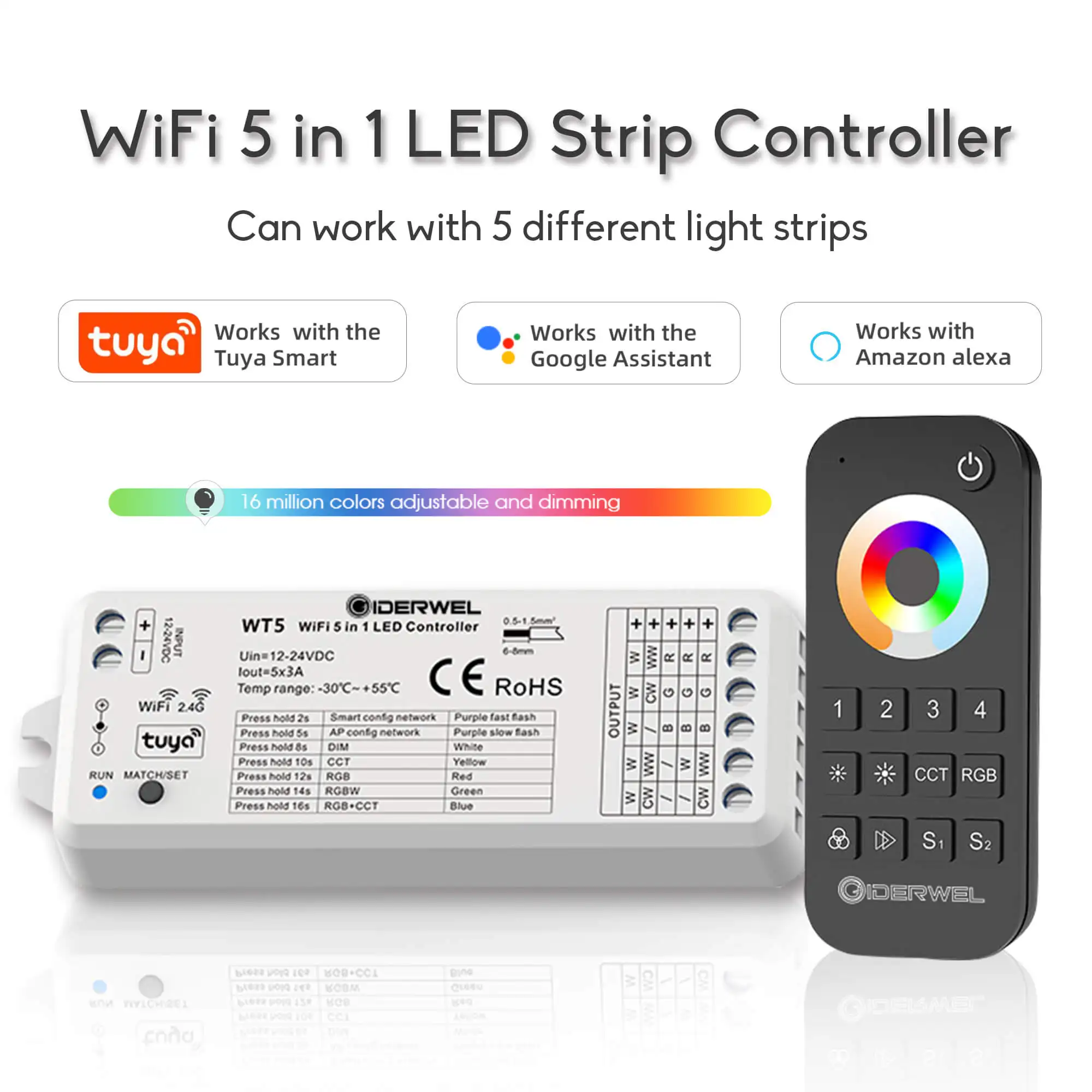 Wifi LED Light Strip DC12V/24V 5 in 1 Dimmer Controller RGB+CW+WW Tuya Voice Cloudy 2.4G RF Remote Control WT5 work with Alexa