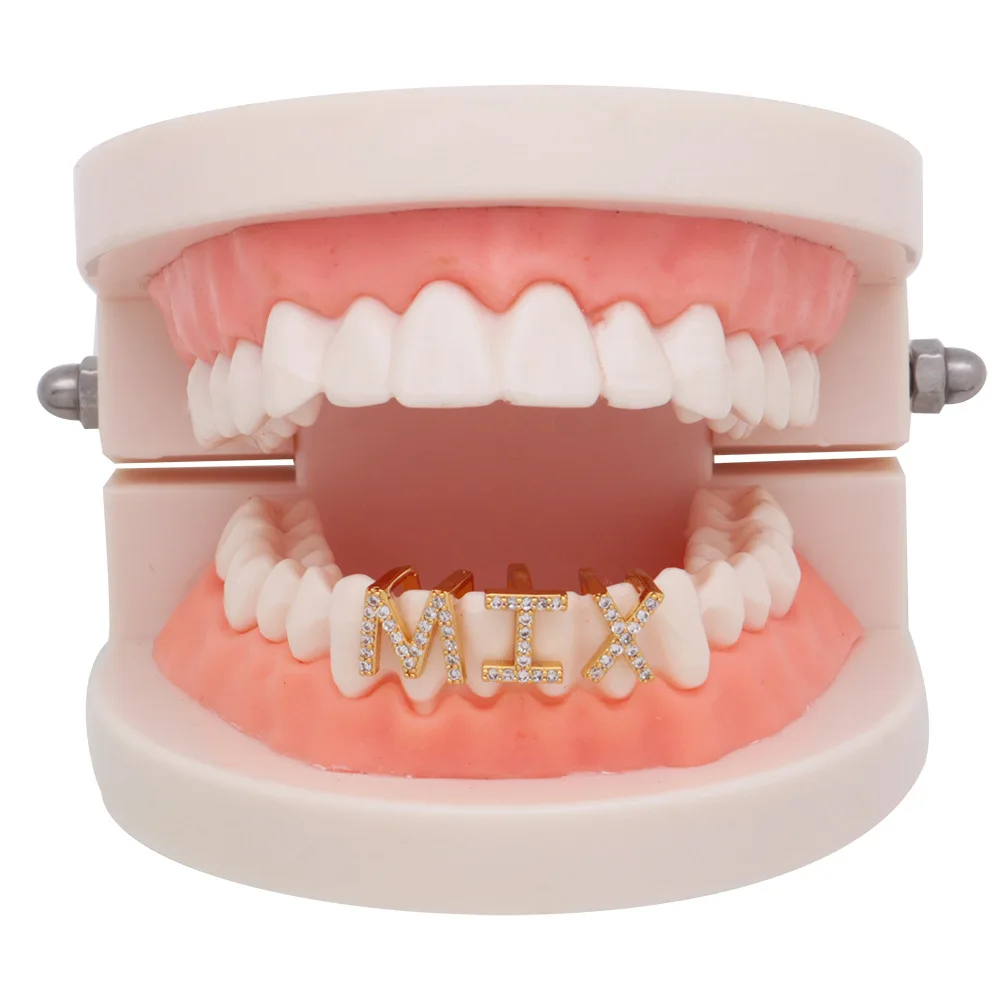 1Pcs Braces Hip Hop Teeth Case Rock 26 Letters Rapper Single Gold Color Hot Crystal Teeth Cover Grills Clean Safety Tooth Cap