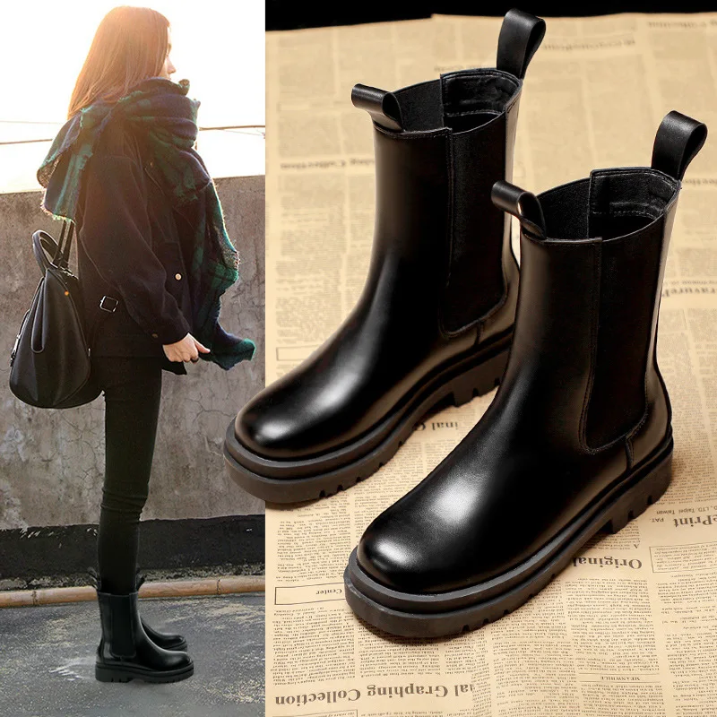 Korean style womens casual party banquet dresses chelsea boots autumn winter shoes ladies genuine leather boot high botas mujer