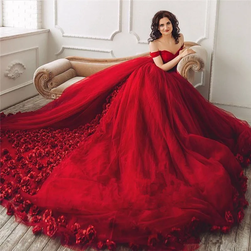 Vermelho 3d floral bola vestido de casamento 2020 fora do ombro mais tamanho feito à mão flores árabe africano vestidos de noiva novia