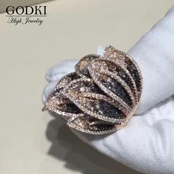 GODKI Luxury Feather Leaf Design Bold Statement Rings with Zirconia Stones 2022 Women Engagement Party Jewelry High Quality