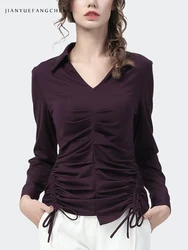 Elegant Shirring V-Neck Women Knitted POLO Shirt Solid Long Sleeve Adjustable Drawstring Design Sexy Skinny Women Autumn Tops