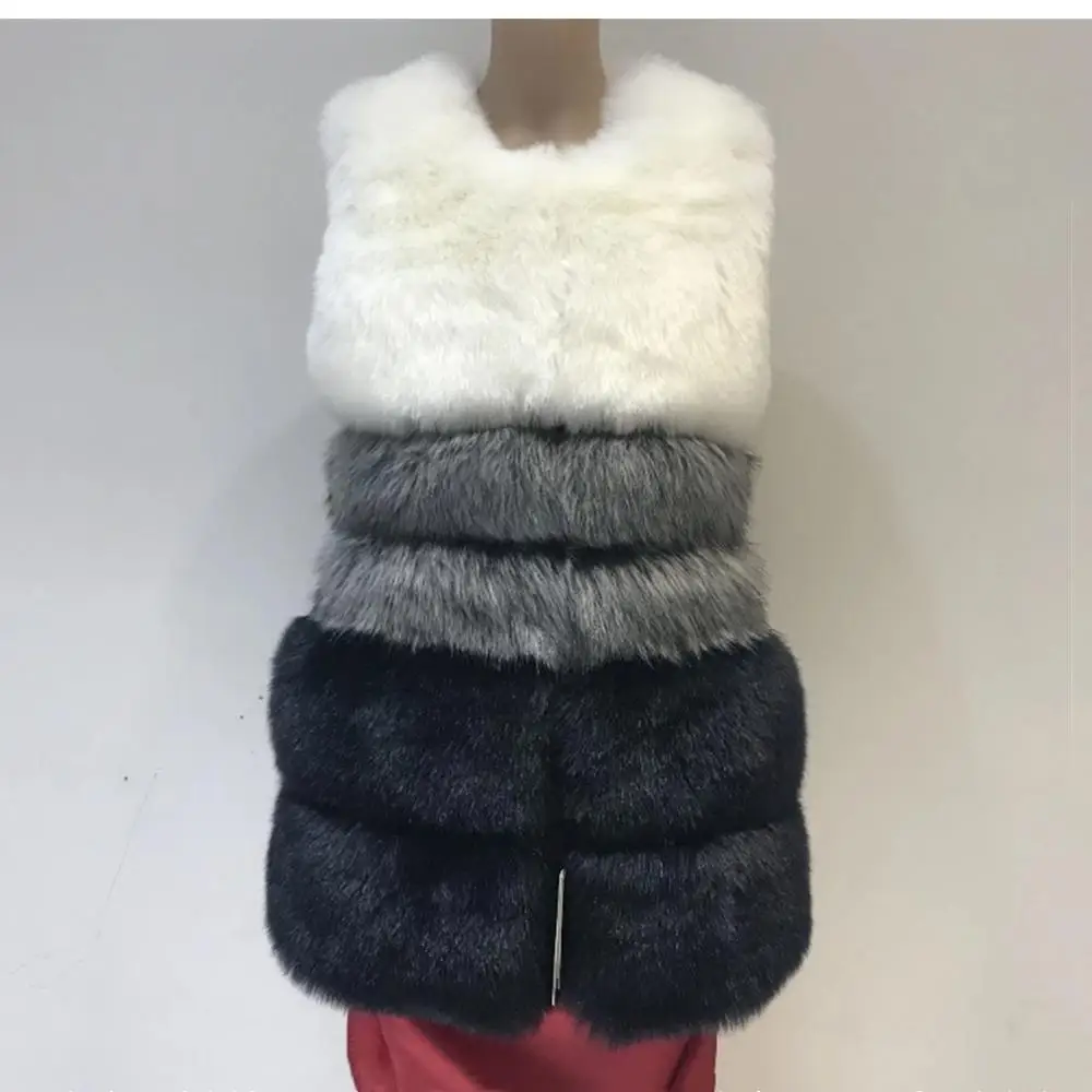 Women Winter Sleeveless Faux Fur Vest Coat Faux Fox Fur Vest Warm Fox Artifical Fur Waistcoat Middle Long Fur Vest Coat