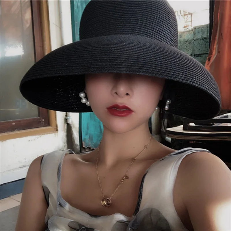 

2021 Female Summer women's hat Hepburn Style Vintage Design Wide side Straw Hat Solid Color Beach Holiday Beach Hat Big Sun Hat