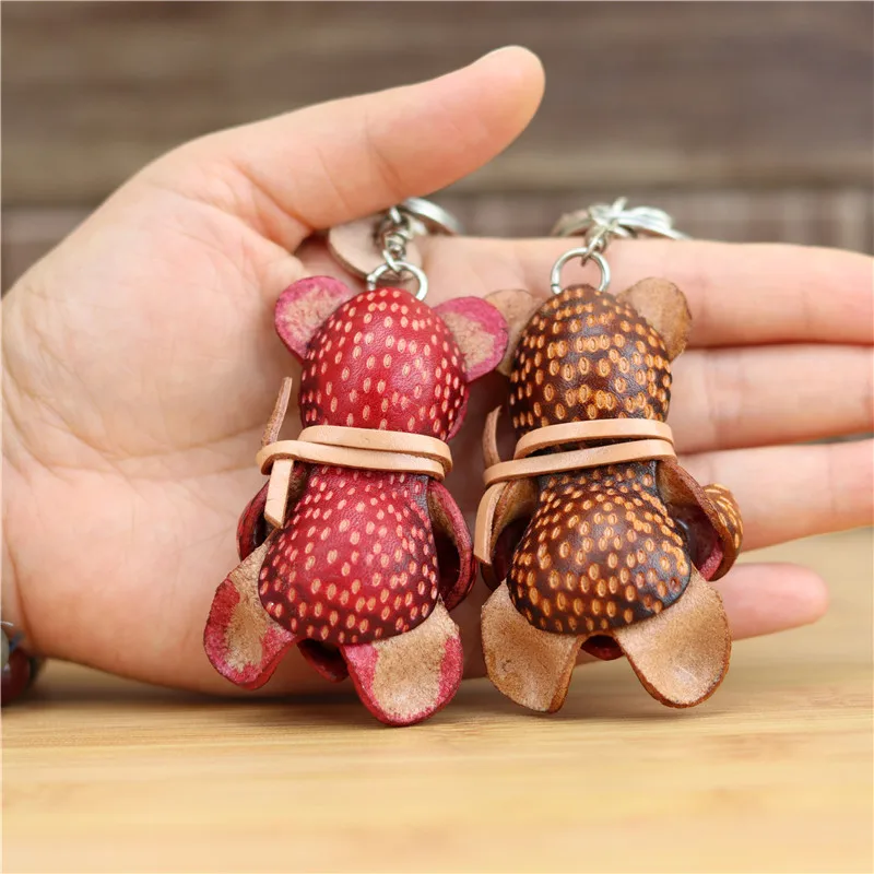 Genuine leather mini bear bag pendant key chain handmade bag hanging couple models key chain cute birthday gift