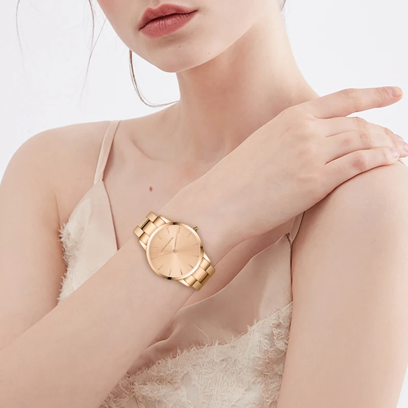 Conjuntos de relojes de pulsera para mujer, de diseño de marca superior, a la moda, oro rosa, resistente al agua, movimiento japonés, cuarzo, banda de acero inoxidable, 2021