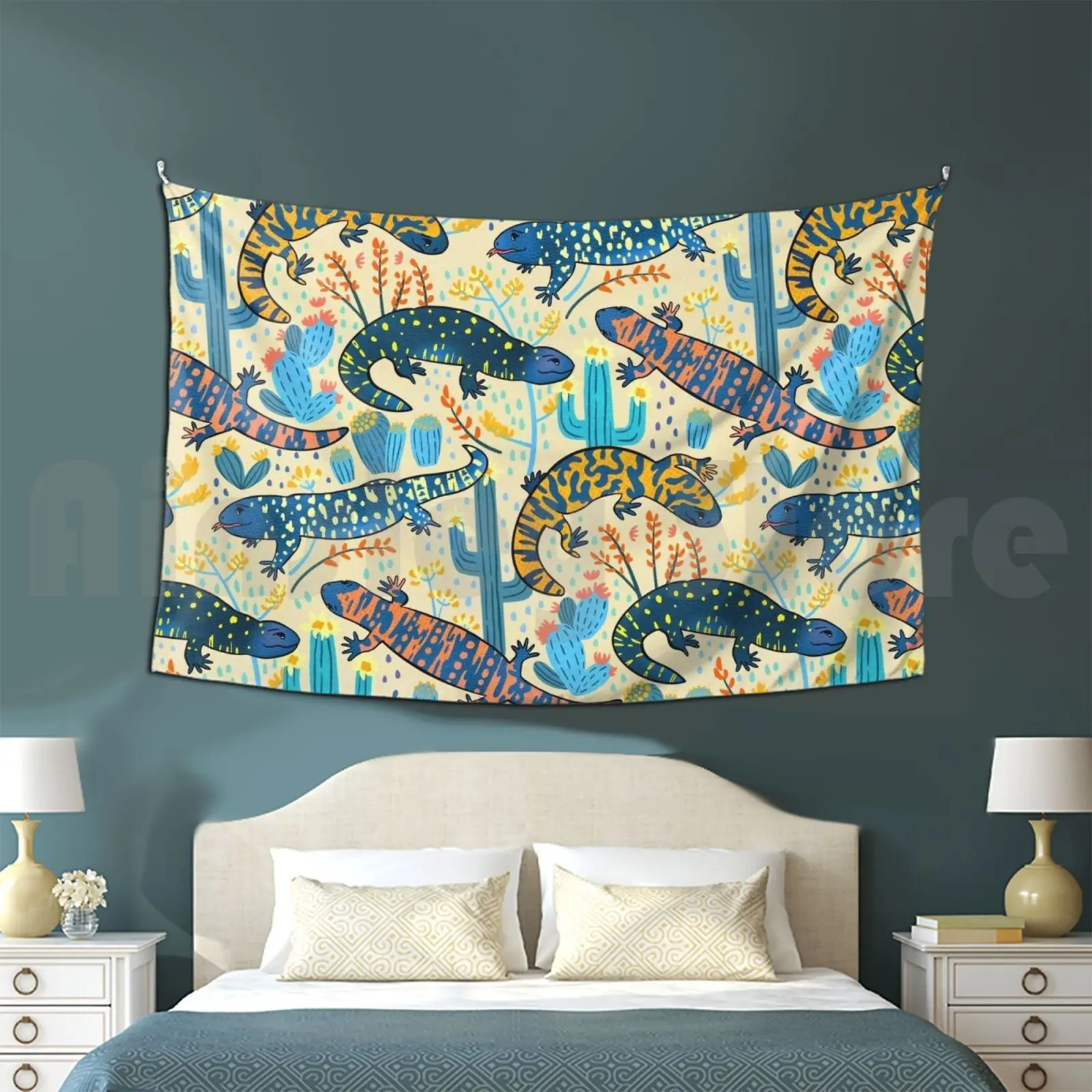 Heloderma Desert Delight Tapestry Living Room Bedroom Cream Blue Coral Teal Yellow Orange Desert Gila Monsters